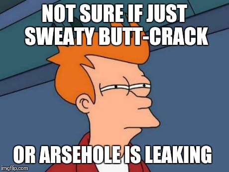 Futurama Fry Meme | NOT SURE IF JUST SWEATY BUTT-CRACK OR ARSEHOLE IS LEAKING | image tagged in memes,futurama fry,AdviceAnimals | made w/ Imgflip meme maker