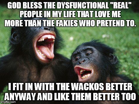 Bonobo Lyfe | GOD BLESS THE DYSFUNCTIONAL "REAL" PEOPLE IN MY LIFE THAT LOVE ME MORE THAN THE FAKIES WHO PRETEND TO. I FIT IN WITH THE WACKOS BETTER ANYWA | image tagged in memes,bonobo lyfe | made w/ Imgflip meme maker