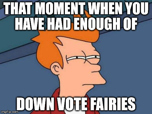 Futurama Fry | THAT MOMENT WHEN YOU HAVE HAD ENOUGH OF DOWN VOTE FAIRIES | image tagged in memes,futurama fry | made w/ Imgflip meme maker