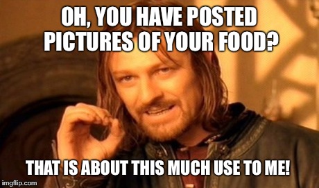 One Does Not Simply | OH, YOU HAVE POSTED PICTURES OF YOUR FOOD? THAT IS ABOUT THIS MUCH USE TO ME! | image tagged in memes,one does not simply | made w/ Imgflip meme maker