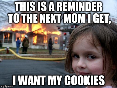 Disaster Girl | THIS IS A REMINDER TO THE NEXT MOM I GET, I WANT MY COOKIES | image tagged in memes,disaster girl | made w/ Imgflip meme maker