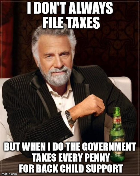 The Most Interesting Man In The World Meme | I DON'T ALWAYS FILE TAXES BUT WHEN I DO THE GOVERNMENT TAKES EVERY PENNY FOR BACK CHILD SUPPORT | image tagged in memes,the most interesting man in the world | made w/ Imgflip meme maker