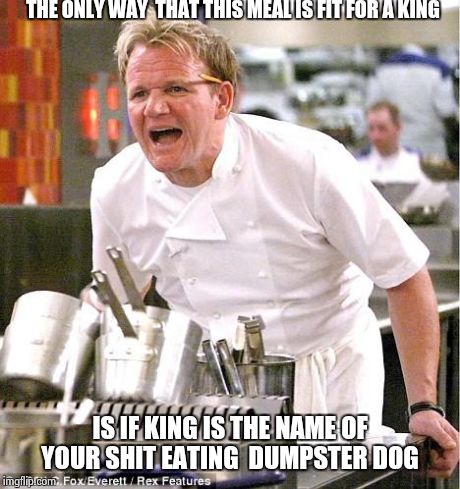 a personal favorite of mine, drawn from a personal experience.  | THE ONLY WAY  THAT THIS MEAL IS FIT FOR A KING IS IF KING IS THE NAME OF YOUR SHIT EATING  DUMPSTER DOG | image tagged in memes,chef gordon ramsay | made w/ Imgflip meme maker