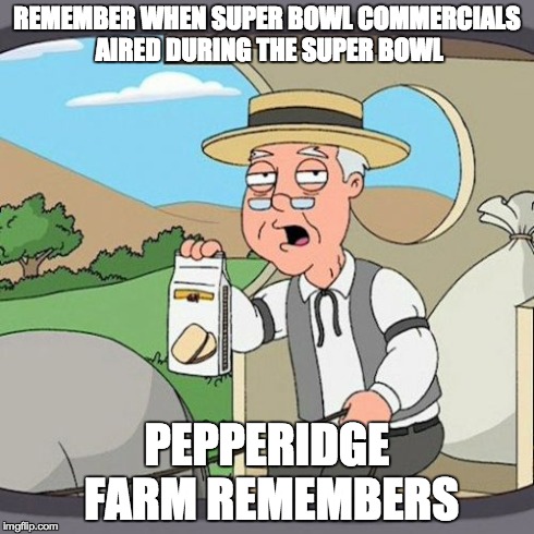 Pepperidge Farm Remembers | REMEMBER WHEN SUPER BOWL COMMERCIALS AIRED DURING THE SUPER BOWL PEPPERIDGE FARM REMEMBERS | image tagged in memes,pepperidge farm remembers,AdviceAnimals | made w/ Imgflip meme maker
