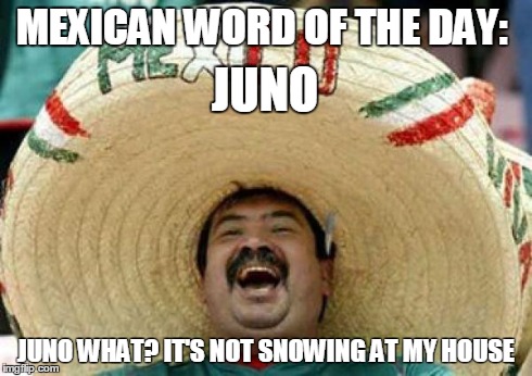 mexican | MEXICAN WORD OF THE DAY: JUNO WHAT? IT'S NOT SNOWING AT MY HOUSE JUNO | image tagged in mexican | made w/ Imgflip meme maker