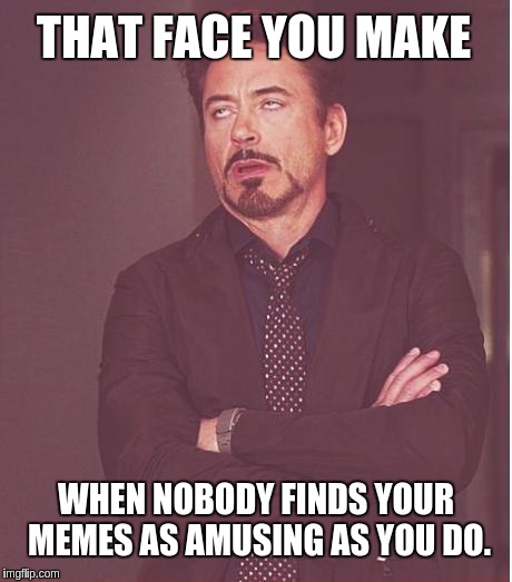 Not amused.
 | THAT FACE YOU MAKE WHEN NOBODY FINDS YOUR MEMES AS AMUSING AS YOU DO. | image tagged in memes,face you make robert downey jr | made w/ Imgflip meme maker