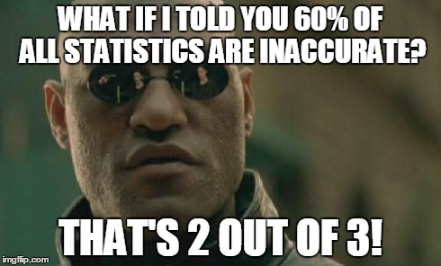 Matrix Morpheus Meme | WHAT IF I TOLD YOU 60% OF ALL STATISTICS ARE INACCURATE? THAT'S 2 OUT OF 3! | image tagged in memes,matrix morpheus | made w/ Imgflip meme maker