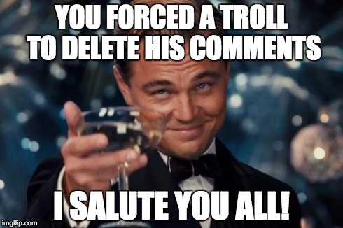 Leonardo Dicaprio Cheers Meme | YOU FORCED A TROLL TO DELETE HIS COMMENTS I SALUTE YOU ALL! | image tagged in memes,leonardo dicaprio cheers | made w/ Imgflip meme maker