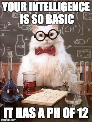 Chemistry Cat 2 | YOUR INTELLIGENCE IS SO BASIC IT HAS A PH OF 12 | image tagged in chemistry cat 2 | made w/ Imgflip meme maker