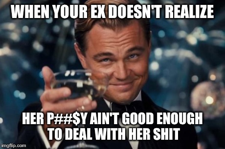 Leonardo Dicaprio Cheers | WHEN YOUR EX DOESN'T REALIZE HER P##$Y AIN'T GOOD ENOUGH TO DEAL WITH HER SHIT | image tagged in memes,leonardo dicaprio cheers | made w/ Imgflip meme maker