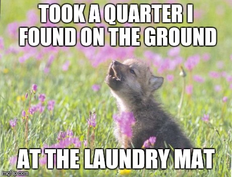 Baby Insanity Wolf Meme | TOOK A QUARTER I FOUND ON THE GROUND AT THE LAUNDRY MAT | image tagged in memes,baby insanity wolf | made w/ Imgflip meme maker
