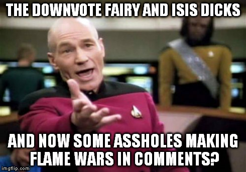 Picard Wtf | THE DOWNVOTE FAIRY AND ISIS DICKS AND NOW SOME ASSHOLES MAKING FLAME WARS IN COMMENTS? | image tagged in memes,picard wtf | made w/ Imgflip meme maker