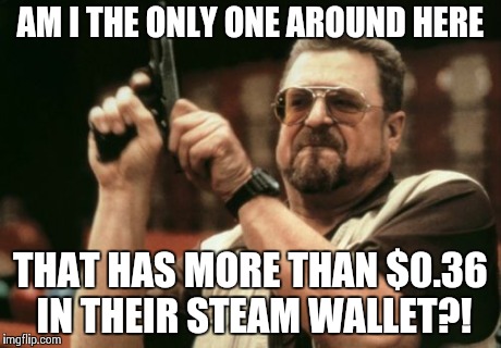 Am I The Only One Around Here Meme | AM I THE ONLY ONE AROUND HERE THAT HAS MORE THAN $0.36 IN THEIR STEAM WALLET?! | image tagged in memes,am i the only one around here | made w/ Imgflip meme maker
