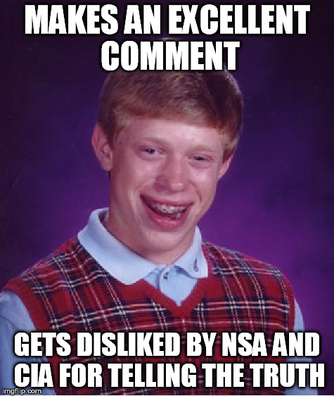 Bad Luck Brian Meme | MAKES AN EXCELLENT COMMENT GETS DISLIKED BY NSA AND CIA FOR TELLING THE TRUTH | image tagged in memes,bad luck brian | made w/ Imgflip meme maker