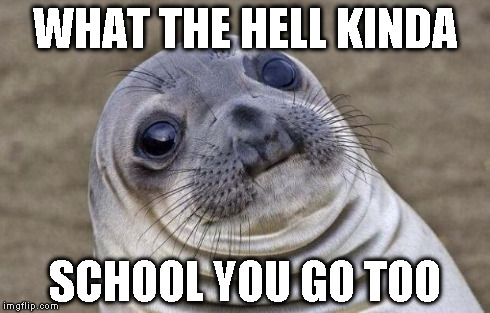 Awkward Moment Sealion Meme | WHAT THE HELL KINDA SCHOOL YOU GO TOO | image tagged in memes,awkward moment sealion | made w/ Imgflip meme maker