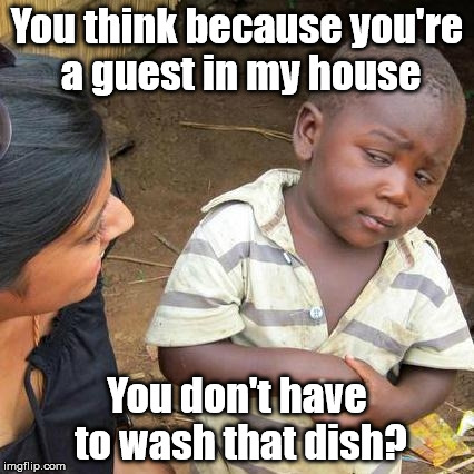 Third World Skeptical Kid | You think because you're a guest in my house You don't have to wash that dish? | image tagged in memes,third world skeptical kid | made w/ Imgflip meme maker