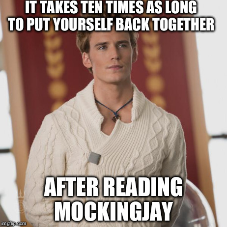 IT TAKES TEN TIMES AS LONG TO PUT YOURSELF BACK TOGETHER AFTER READING MOCKINGJAY | image tagged in finnick,hunger games | made w/ Imgflip meme maker