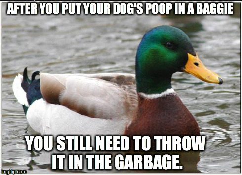 Actual Advice Mallard | AFTER YOU PUT YOUR DOG'S POOP IN A BAGGIE YOU STILL NEED TO THROW IT IN THE GARBAGE. | image tagged in memes,actual advice mallard,AdviceAnimals | made w/ Imgflip meme maker