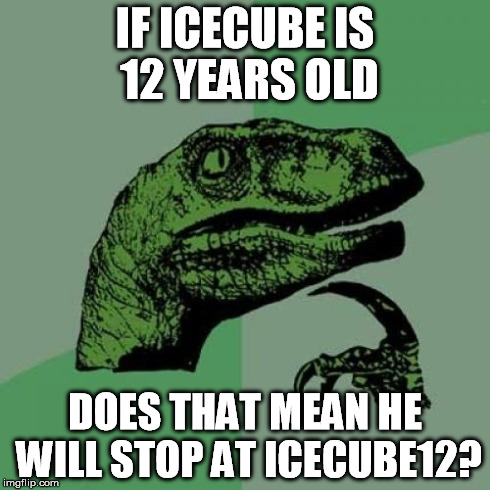 Philosoraptor Meme | IF ICECUBE IS 12 YEARS OLD DOES THAT MEAN HE WILL STOP AT ICECUBE12? | image tagged in memes,philosoraptor | made w/ Imgflip meme maker
