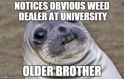 Awkward Moment Sealion Meme | NOTICES OBVIOUS WEED DEALER AT UNIVERSITY OLDER BROTHER | image tagged in memes,awkward moment sealion,AdviceAnimals | made w/ Imgflip meme maker