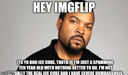 Spammers are soooo awesome aren't they? | HEY IMGFLIP ITS YO BOII ICE CUBE. TRUTH IS I'M JUST A SPAMMING TEN YEAR OLD WITH NOTHING BETTER TO DO. I'M NOT ACTUALLY THE REAL ICE CUBE AN | image tagged in spammers,suck,imgflip | made w/ Imgflip meme maker