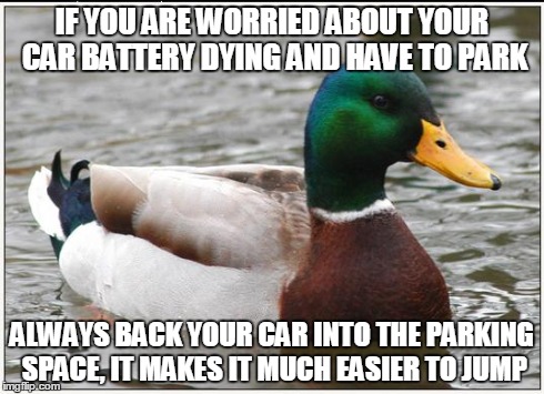 Actual Advice Mallard Meme | IF YOU ARE WORRIED ABOUT YOUR CAR BATTERY DYING AND HAVE TO PARK ALWAYS BACK YOUR CAR INTO THE PARKING SPACE, IT MAKES IT MUCH EASIER TO JUM | image tagged in memes,actual advice mallard,AdviceAnimals | made w/ Imgflip meme maker