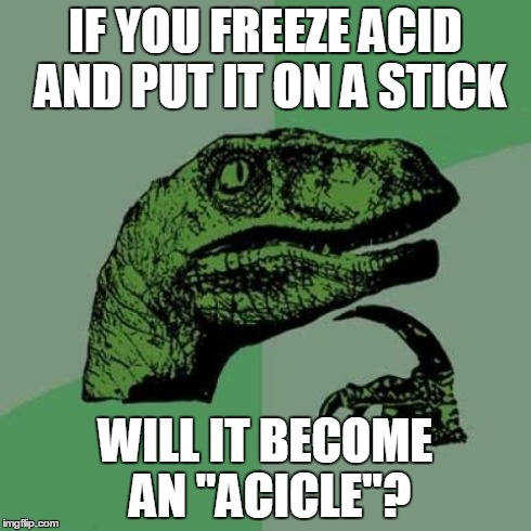 Philosoraptor | IF YOU FREEZE ACID AND PUT IT ON A STICK WILL IT BECOME AN "ACICLE"? | image tagged in memes,philosoraptor | made w/ Imgflip meme maker