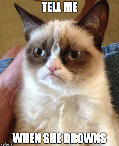 Grumpy Cat Meme | TELL ME WHEN SHE DROWNS | image tagged in memes,grumpy cat | made w/ Imgflip meme maker
