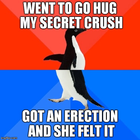 Socially Awesome Awkward Penguin Meme | WENT TO GO HUG MY SECRET CRUSH GOT AN ERECTION AND SHE FELT IT | image tagged in memes,socially awesome awkward penguin | made w/ Imgflip meme maker