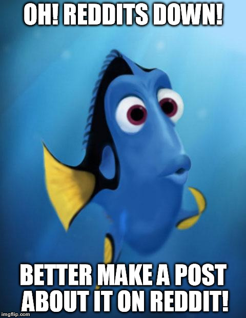 Dory | OH! REDDITS DOWN! BETTER MAKE A POST ABOUT IT ON REDDIT! | image tagged in dory,AdviceAnimals | made w/ Imgflip meme maker