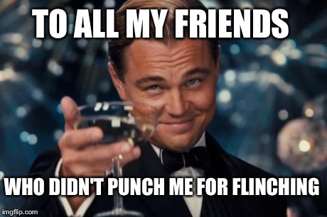 Leonardo Dicaprio Cheers Meme | TO ALL MY FRIENDS WHO DIDN'T PUNCH ME FOR FLINCHING | image tagged in memes,leonardo dicaprio cheers | made w/ Imgflip meme maker