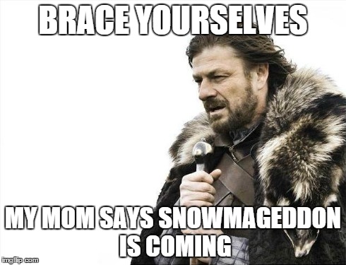 Brace Yourselves X is Coming Meme | BRACE YOURSELVES MY MOM SAYS SNOWMAGEDDON IS COMING | image tagged in memes,brace yourselves x is coming | made w/ Imgflip meme maker