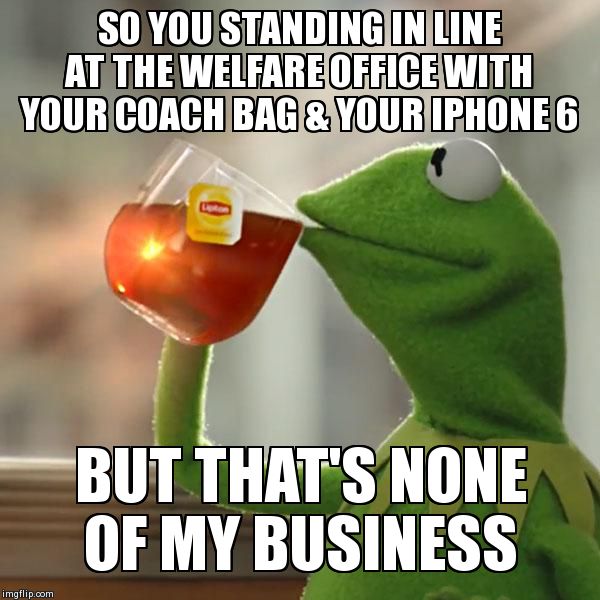 But That's None Of My Business Meme | SO YOU STANDING IN LINE AT THE WELFARE OFFICE WITH YOUR COACH BAG & YOUR IPHONE 6 BUT THAT'S NONE OF MY BUSINESS | image tagged in memes,but thats none of my business,kermit the frog | made w/ Imgflip meme maker