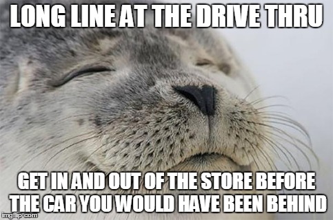 Satisfied Seal | LONG LINE AT THE DRIVE THRU GET IN AND OUT OF THE STORE BEFORE THE CAR YOU WOULD HAVE BEEN BEHIND | image tagged in memes,satisfied seal,AdviceAnimals | made w/ Imgflip meme maker