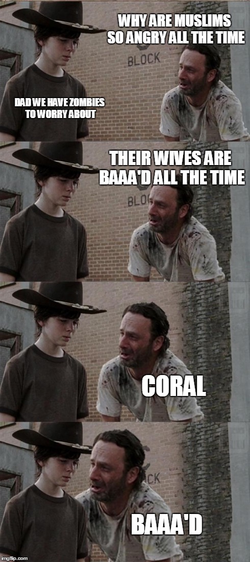 Rick and Carl Long | WHY ARE MUSLIMS SO ANGRY ALL THE TIME DAD WE HAVE ZOMBIES TO WORRY ABOUT THEIR WIVES ARE BAAA'D ALL THE TIME CORAL BAAA'D | image tagged in memes,rick and carl long | made w/ Imgflip meme maker