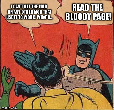 Batman Slapping Robin Meme | I CAN'T GET THE MOD OR ANY OTHER MOD THAT USE IT TO WORK, WHAT D... READ THE BLOODY PAGE! | image tagged in memes,batman slapping robin | made w/ Imgflip meme maker