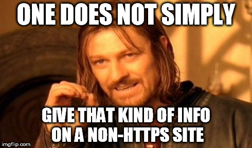 One Does Not Simply Meme | ONE DOES NOT SIMPLY GIVE THAT KIND OF INFO ON A NON-HTTPS SITE | image tagged in memes,one does not simply | made w/ Imgflip meme maker