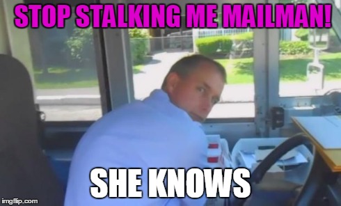 STOP STALKING ME MAILMAN! SHE KNOWS | image tagged in she knows | made w/ Imgflip meme maker