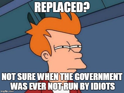 Futurama Fry Meme | REPLACED? NOT SURE WHEN THE GOVERNMENT WAS EVER NOT RUN BY IDIOTS | image tagged in memes,futurama fry | made w/ Imgflip meme maker