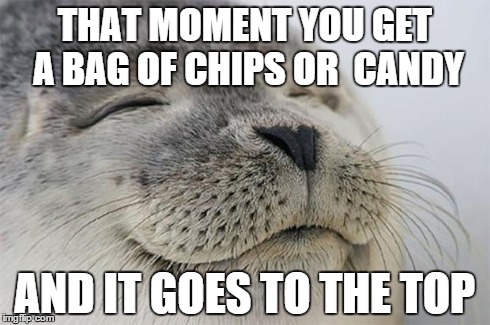 Satisfied Seal | THAT MOMENT YOU GET A BAG OF CHIPS OR  CANDY AND IT GOES TO THE TOP | image tagged in memes,satisfied seal | made w/ Imgflip meme maker