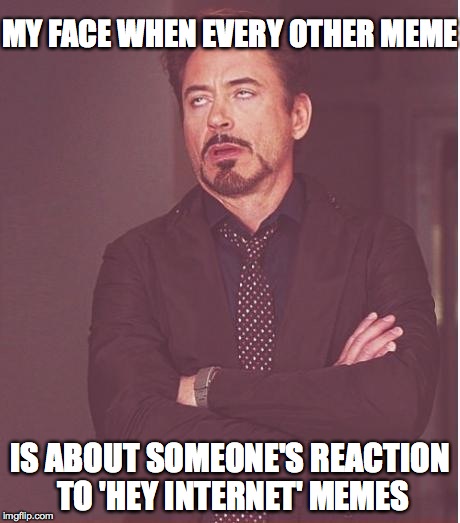 Face You Make Robert Downey Jr Meme | MY FACE WHEN EVERY OTHER MEME IS ABOUT SOMEONE'S REACTION TO 'HEY INTERNET' MEMES | image tagged in memes,face you make robert downey jr | made w/ Imgflip meme maker