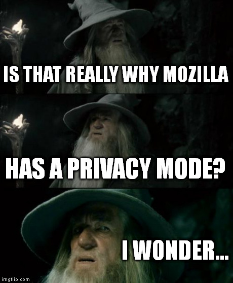 I read Mozilla's privacy matters thing. But they ain't foolin' me. >:( | IS THAT REALLY WHY MOZILLA HAS A PRIVACY MODE? I WONDER... | image tagged in memes,confused gandalf | made w/ Imgflip meme maker