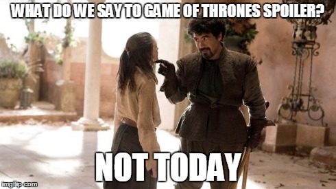 not today | WHAT DO WE SAY TO GAME OF THRONES SPOILER? NOT TODAY | image tagged in not today | made w/ Imgflip meme maker