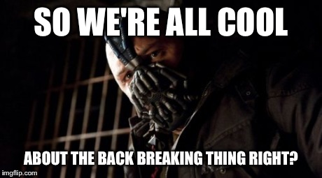 Permission Bane Meme | SO WE'RE ALL COOL ABOUT THE BACK BREAKING THING RIGHT? | image tagged in memes,permission bane | made w/ Imgflip meme maker