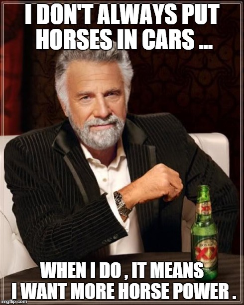 The Most Interesting Man In The World Meme | I DON'T ALWAYS PUT HORSES IN CARS ... WHEN I DO , IT MEANS I WANT MORE HORSE POWER . | image tagged in memes,the most interesting man in the world | made w/ Imgflip meme maker