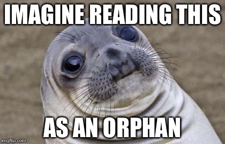 Awkward Moment Sealion Meme | IMAGINE READING THIS AS AN ORPHAN | image tagged in memes,awkward moment sealion | made w/ Imgflip meme maker