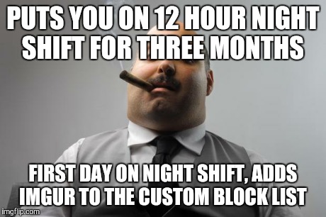 Scumbag Boss Meme | PUTS YOU ON 12 HOUR NIGHT SHIFT FOR THREE MONTHS FIRST DAY ON NIGHT SHIFT, ADDS IMGUR TO THE CUSTOM BLOCK LIST | image tagged in memes,scumbag boss,AdviceAnimals | made w/ Imgflip meme maker