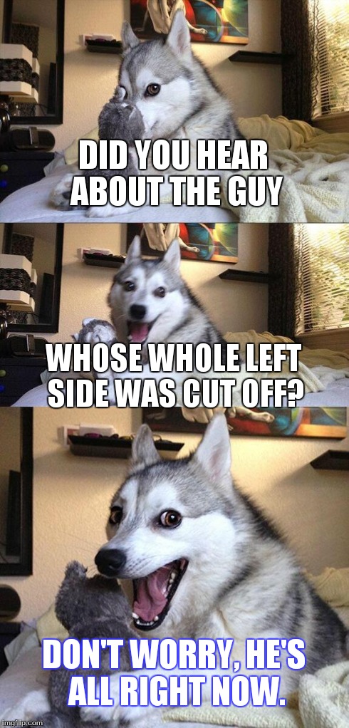 Bad Pun Dog | DID YOU HEAR ABOUT THE GUY WHOSE WHOLE LEFT SIDE WAS CUT OFF? DON'T WORRY, HE'S ALL RIGHT NOW. | image tagged in memes,bad pun dog | made w/ Imgflip meme maker