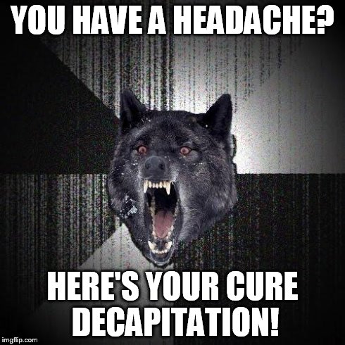 go back to medical school | YOU HAVE A HEADACHE? HERE'S YOUR CURE DECAPITATION! | image tagged in memes,insanity wolf | made w/ Imgflip meme maker