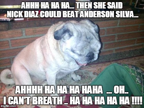 Submit Silva .. That IS rich! | AHHH HA HA HA... THEN SHE SAID NICK DIAZ COULD BEAT ANDERSON SILVA... AHHHH HA HA HA HAHA  ... OH.. I CAN'T BREATH .. HA HA HA HA HA !!!! | image tagged in ronnie laughing,mma,anderson silva,ufc | made w/ Imgflip meme maker